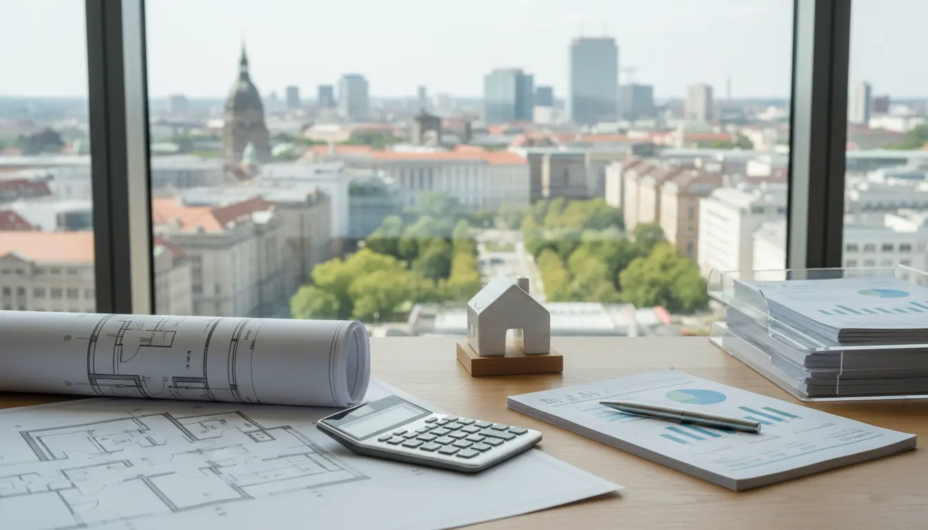 Büroarbeitsplatz mit Bauplänen, Kalkulator und Minihaus.