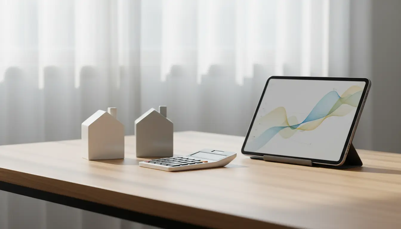 Zwei kleine Modellhäuser neben Tablet und Taschenrechner.