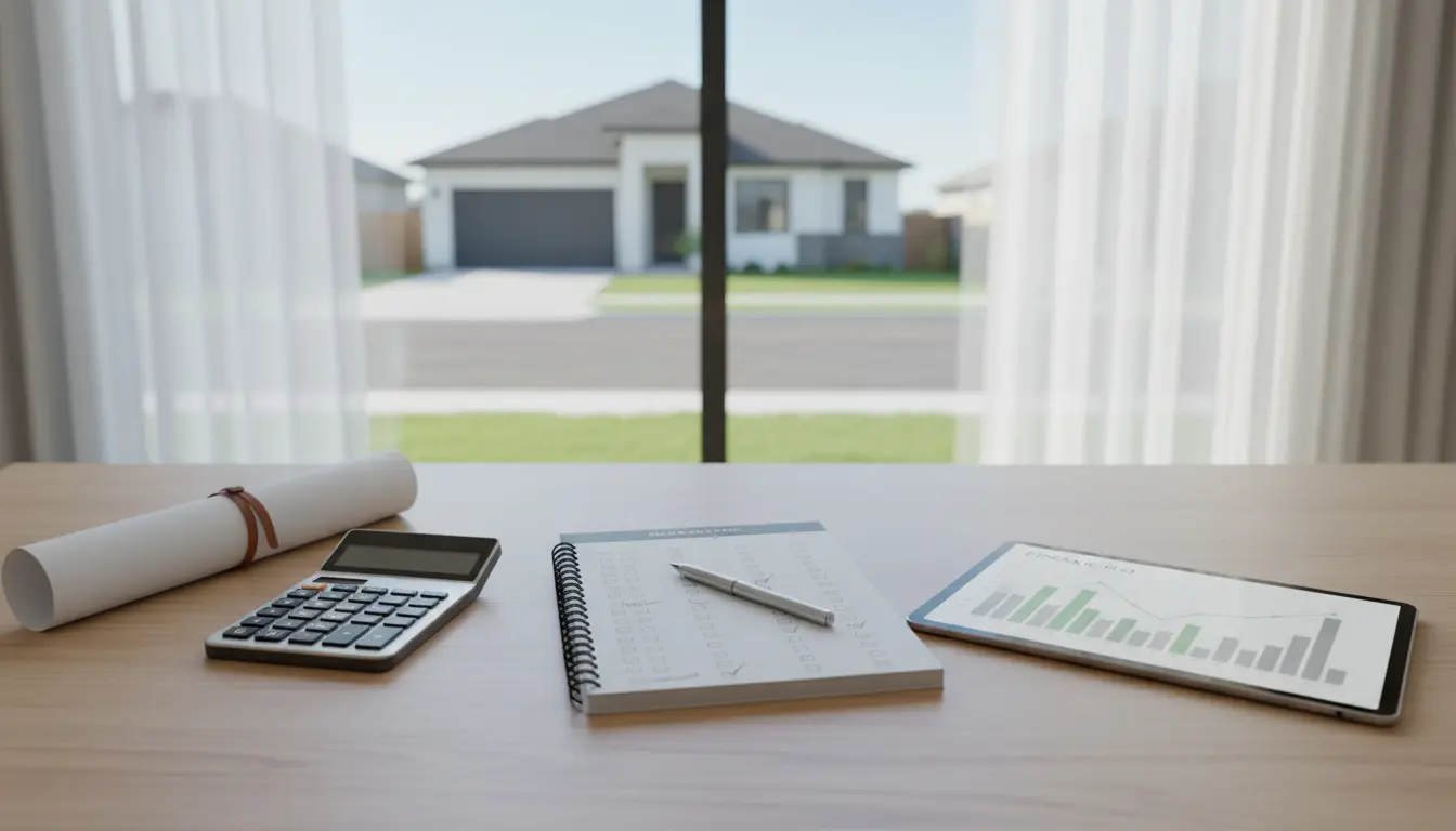 Arbeitsplatz mit Notizbuch, Bauplanrolle und Tablet vor dem Fenster.