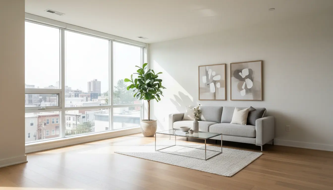 Helles Wohnzimmer mit großen Fenstern, Sofa und Pflanze.