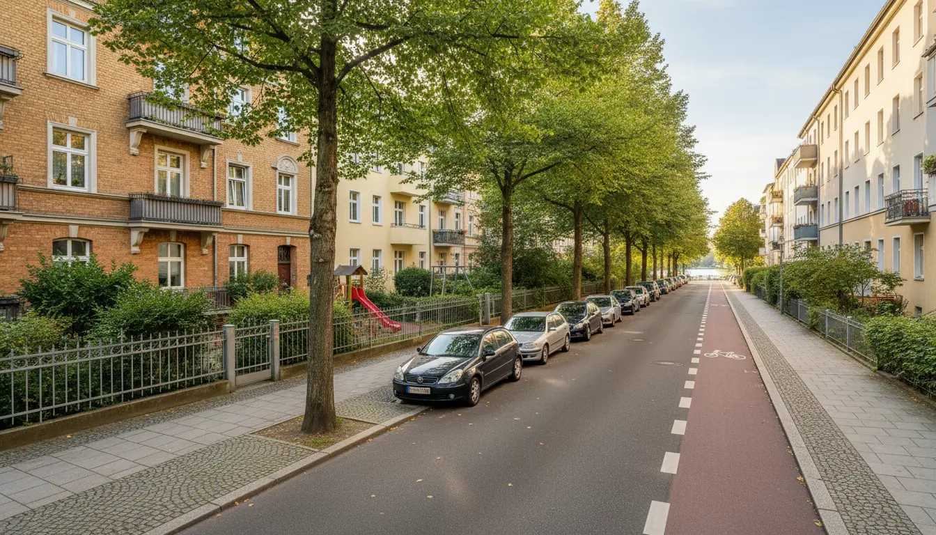 Wohnstraße mit Bäumen, geparkten Autos und Fahrradweg.