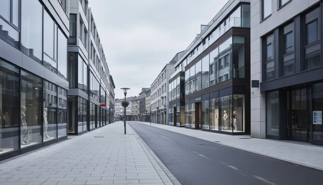 Leere Einkaufsstraße mit modernen Glasfassaden.