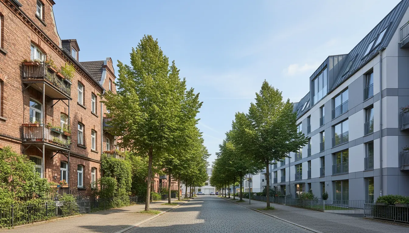 Straßenansicht mit roten Backsteingebäuden und modernem Neubau.