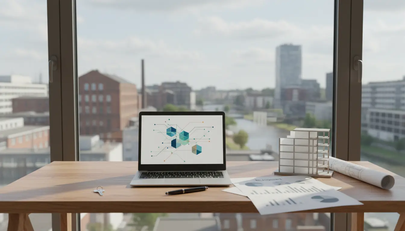 Arbeitsplatz vor dem Fenster mit Laptop, Plänen und Modell.