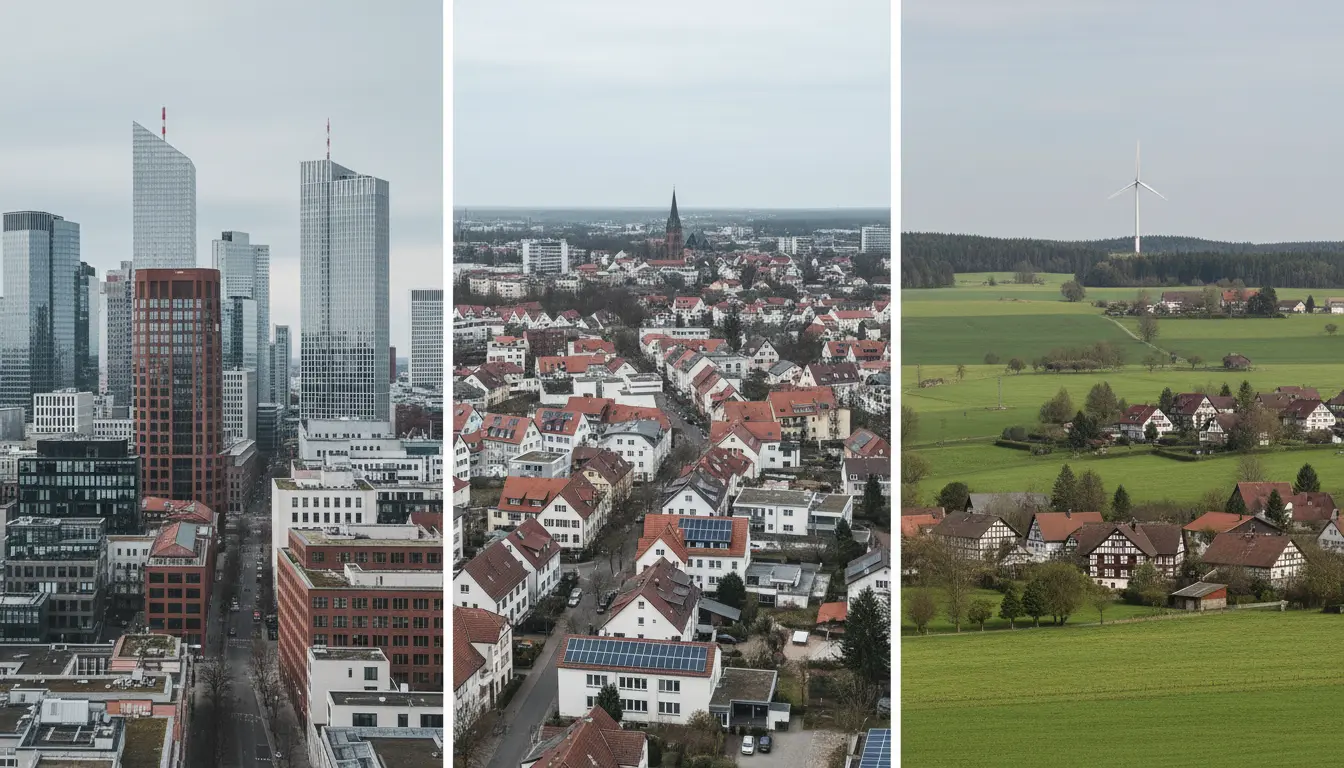 Moderne Skyline, dörfliche Häuserlandschaft und grüne Felder.