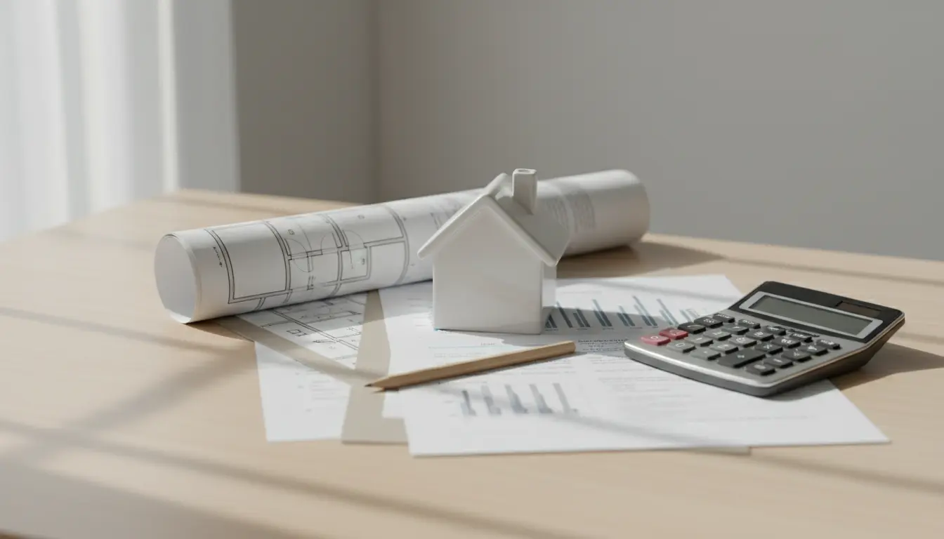 Miniaturhaus mit Bauplänen und Taschenrechner auf Tisch.