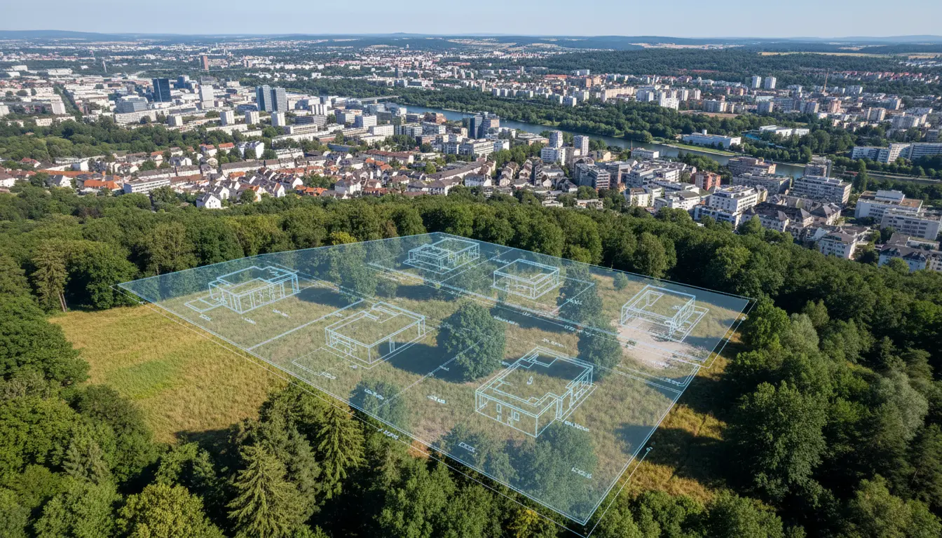 Luftbild einer Stadt mit Wald und Bauplänen.