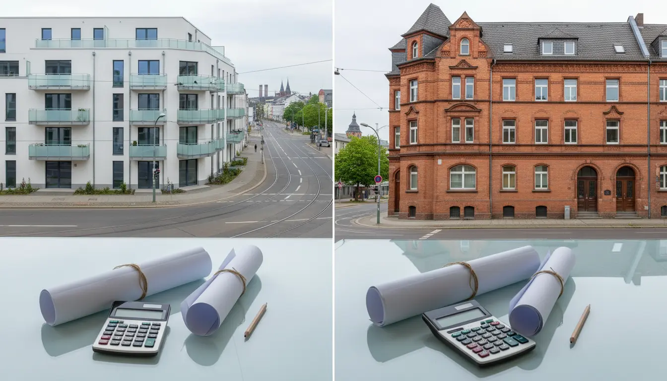 Collage aus zwei Wohnhäusern, Bauplänen und Taschenrechnern