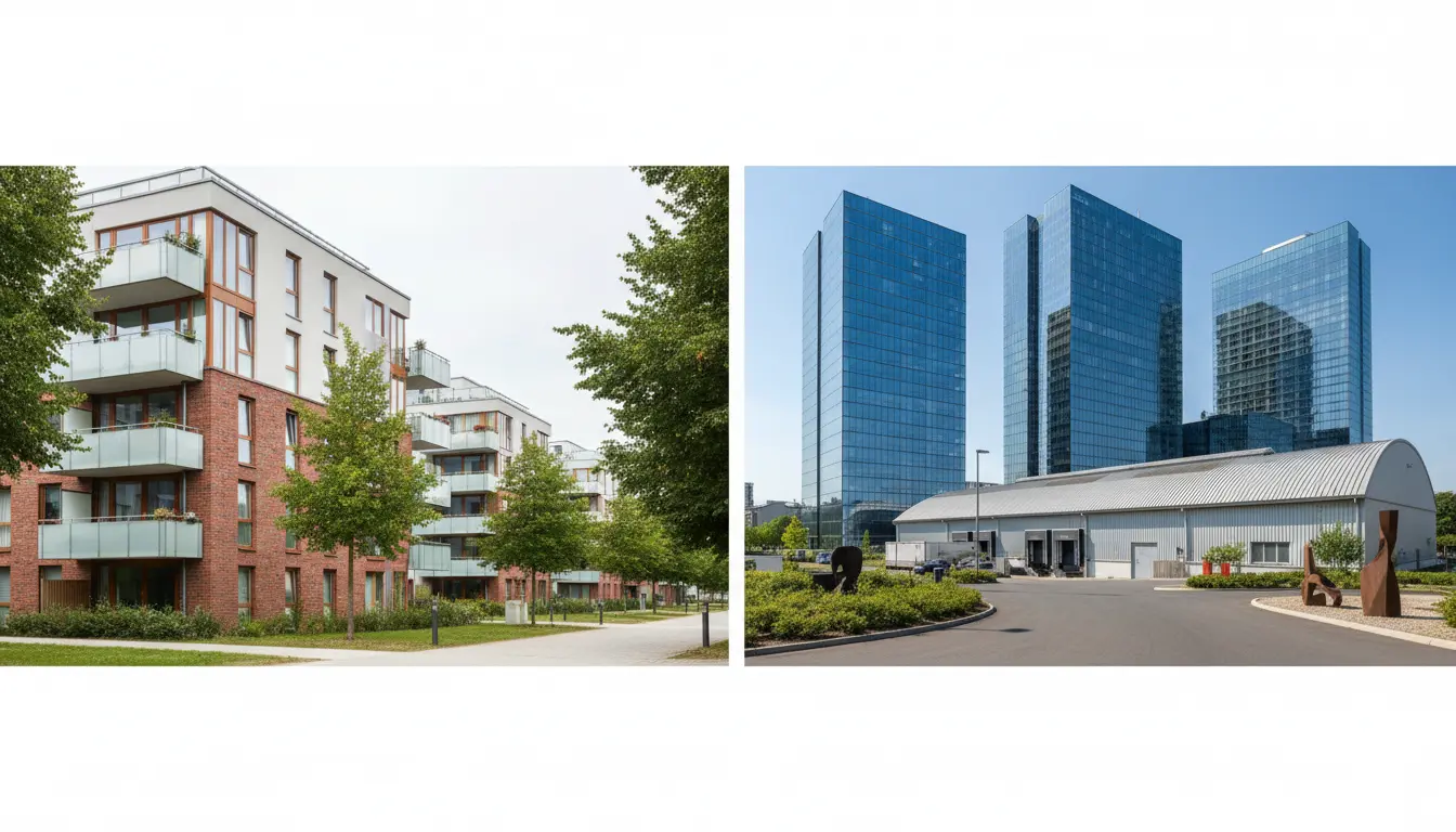 Links Mehrfamilienhäuser, rechts moderne Bürohochhäuser aus Glas.