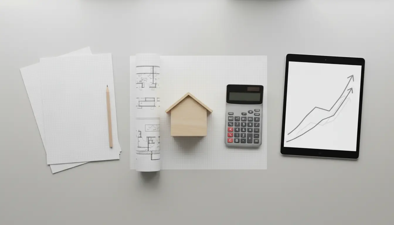 Arbeitsplatz mit Bauplänen, Holzhaus-Modell und Grafik auf Tablet.