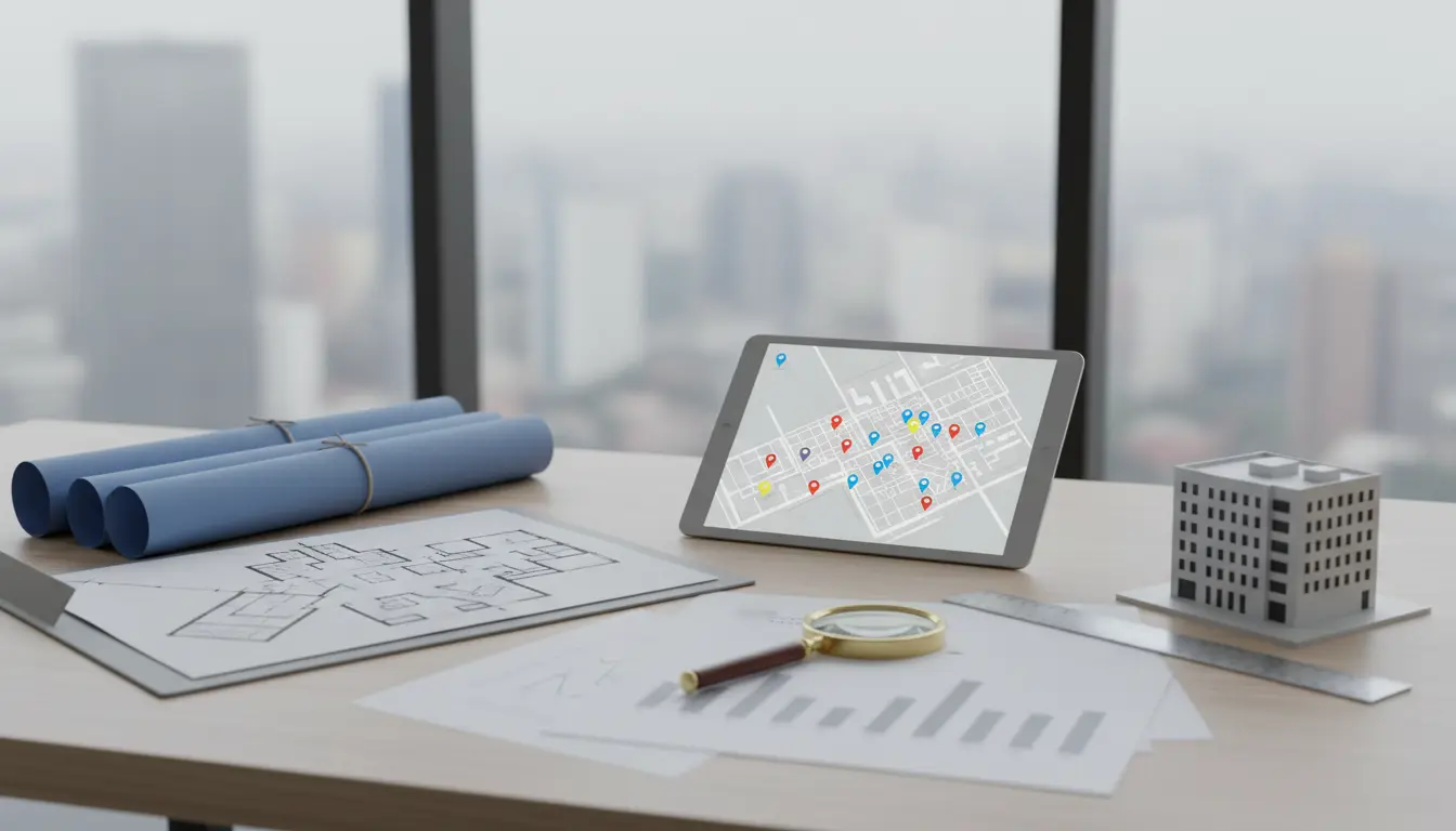 Architekturpläne, Modellhaus und Tablet mit Karte