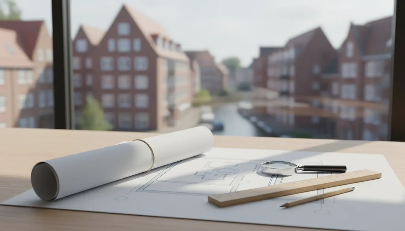 Architekturpläne auf Schreibtisch mit Werkzeugen