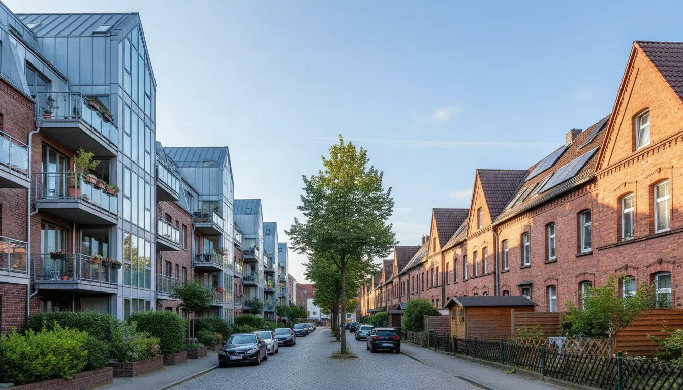 Straße mit modernen Glasfassaden links, roten Backsteinhäusern rechts, Baum in Mitte.