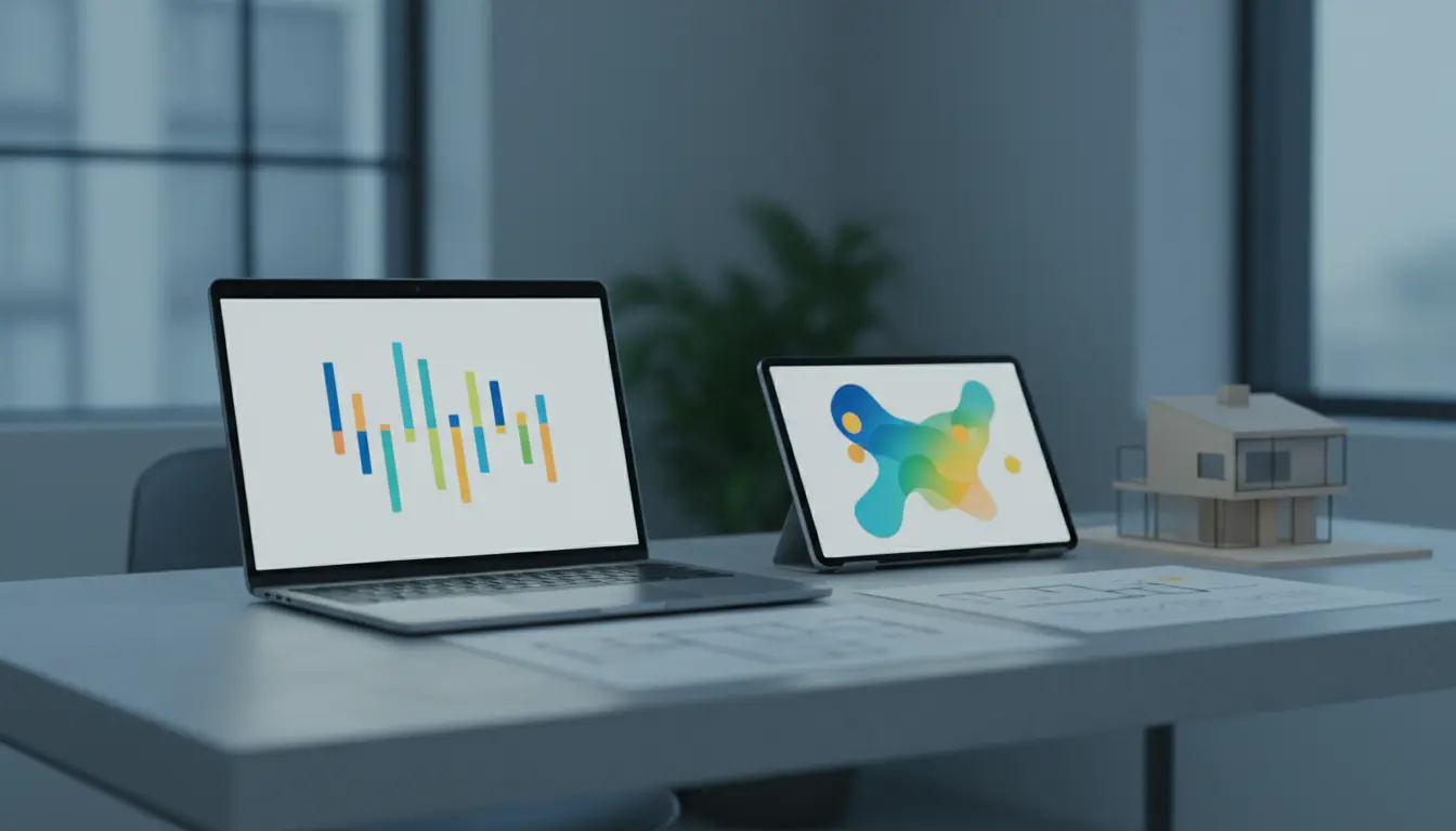Laptop und Tablet mit bunten Diagrammen, Modellhaus auf Tisch.