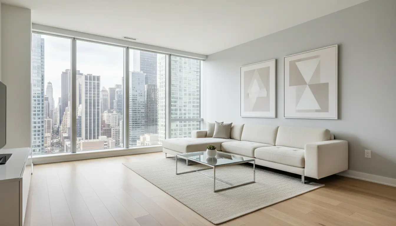 Modernes Wohnzimmer mit großen Fenstern und Stadtblick.