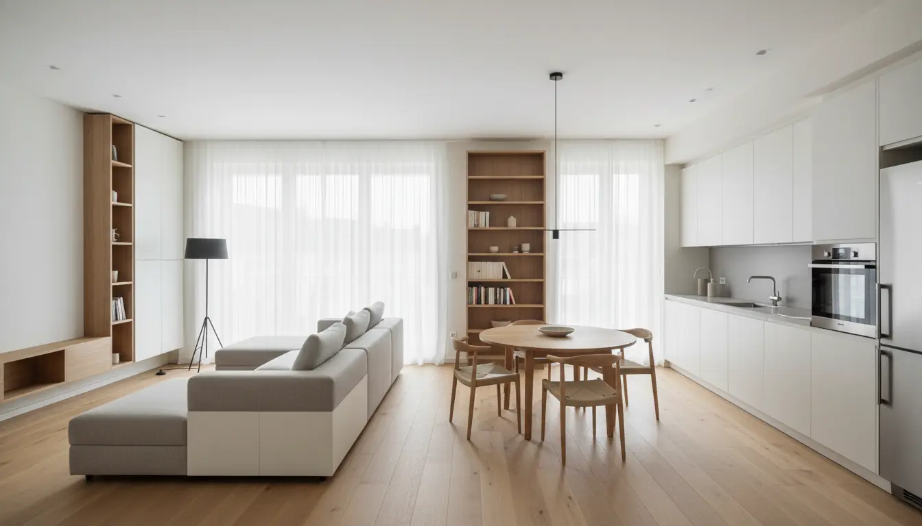 Heller offener Wohnbereich mit Küche und Esstisch