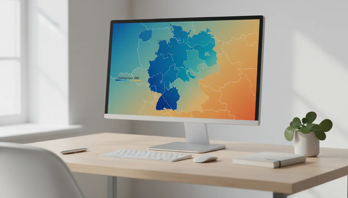 Moderner Arbeitsplatz mit Monitor, Tastatur und Pflanze.