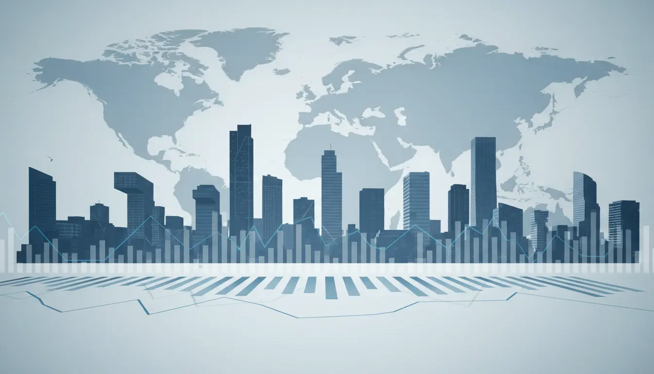 Städtische Skyline vor blauer Weltkarte im Hintergrund.