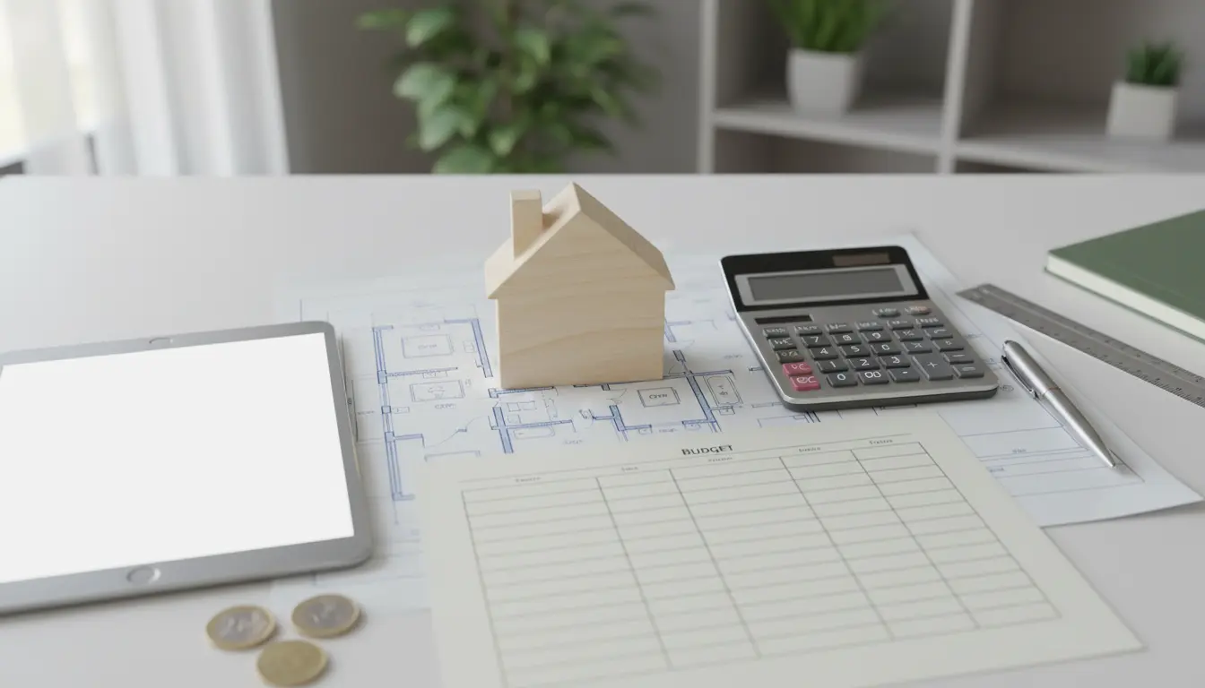 Kleines Holzhaus-Modell auf Bauplänen mit Taschenrechner und Tablet.