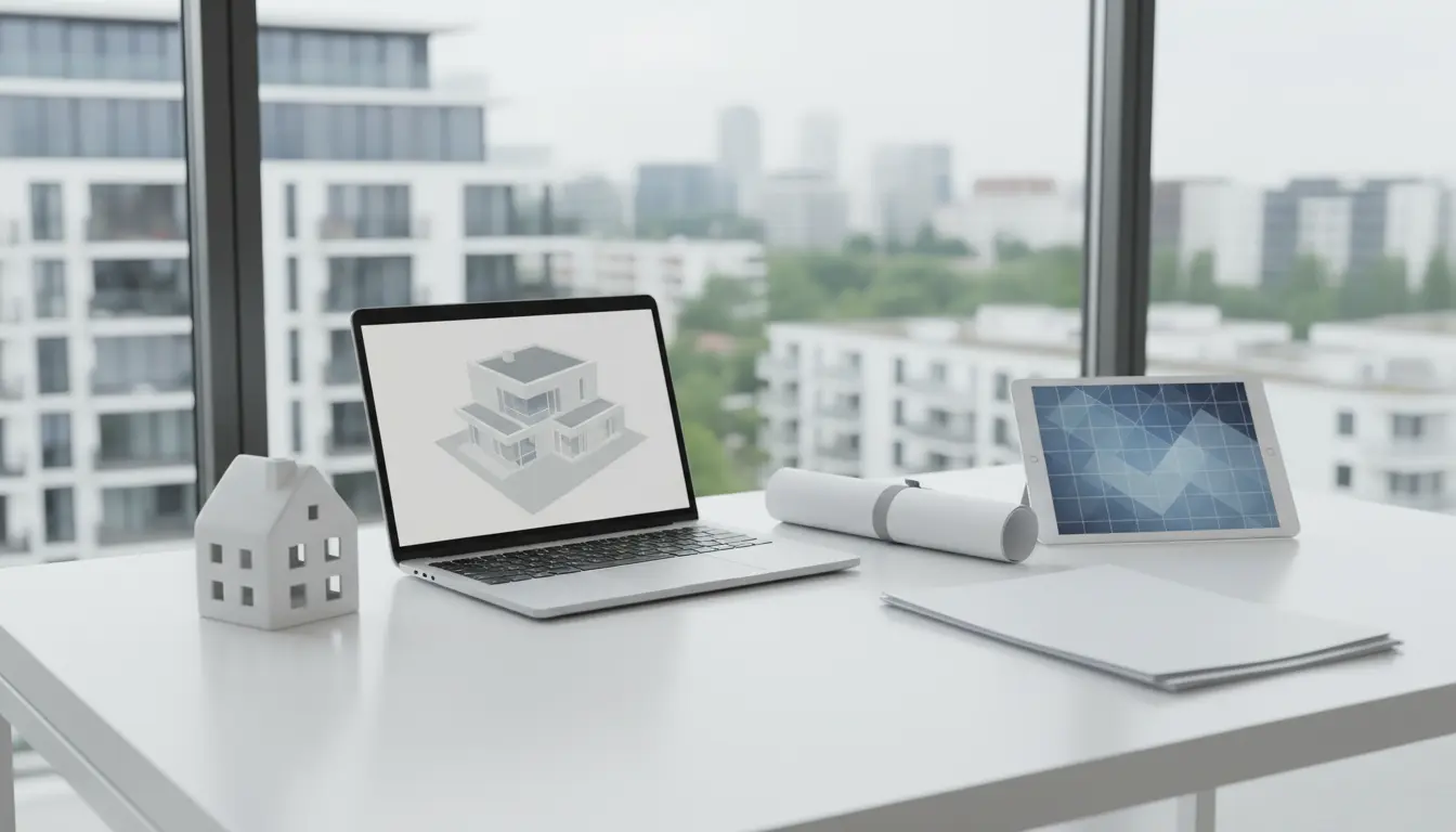 Schreibtisch mit Laptop, Architekturmodell und Tablet