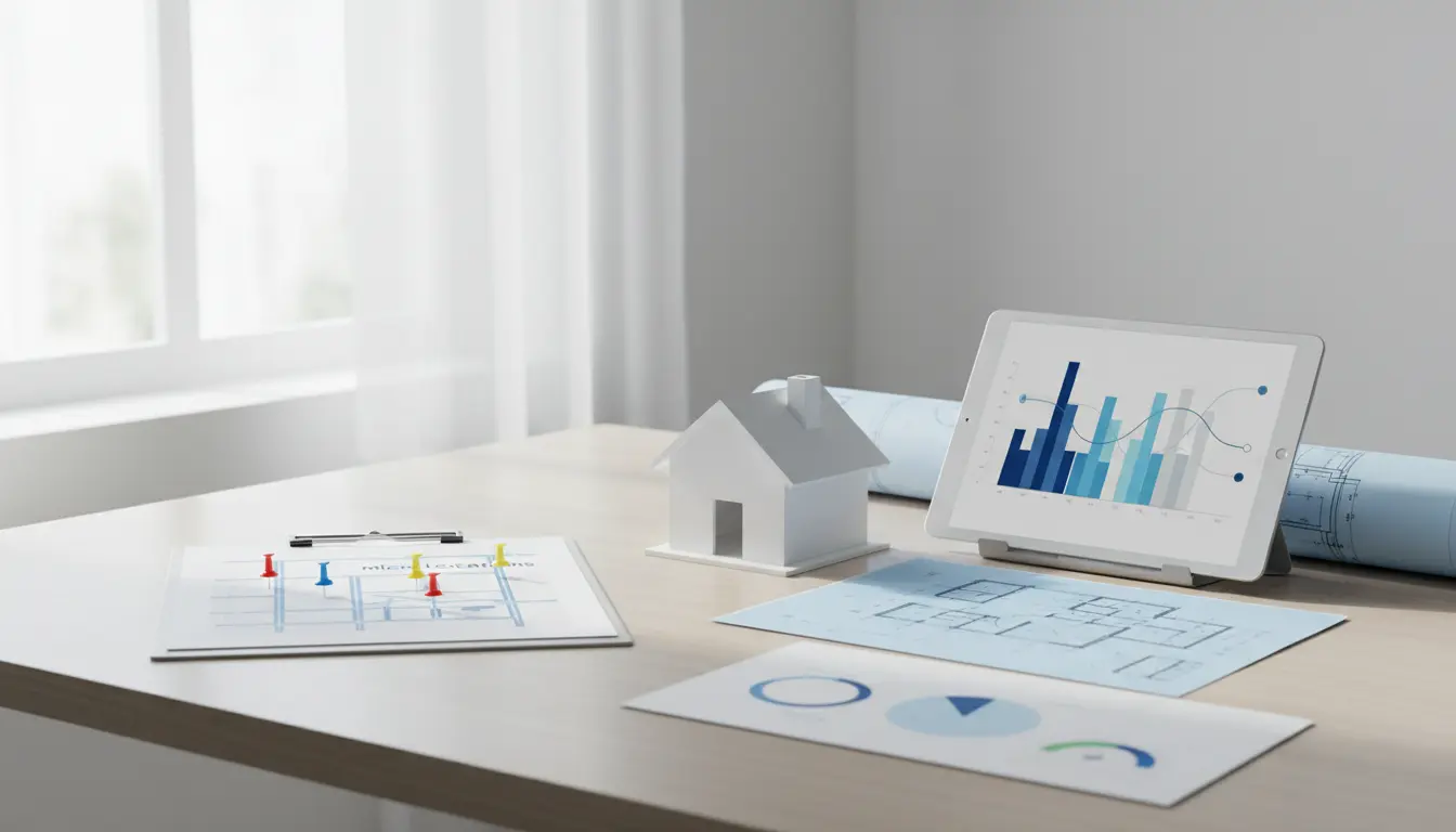 Modellhaus, Baupläne und Tablet mit Diagrammen auf dem Tisch.