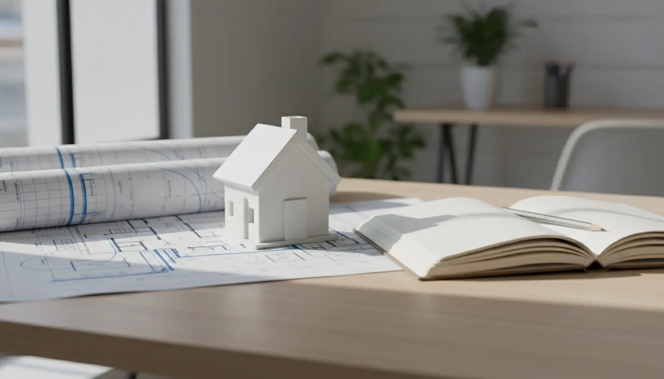 Modellhaus neben Bauplänen auf dem Schreibtisch