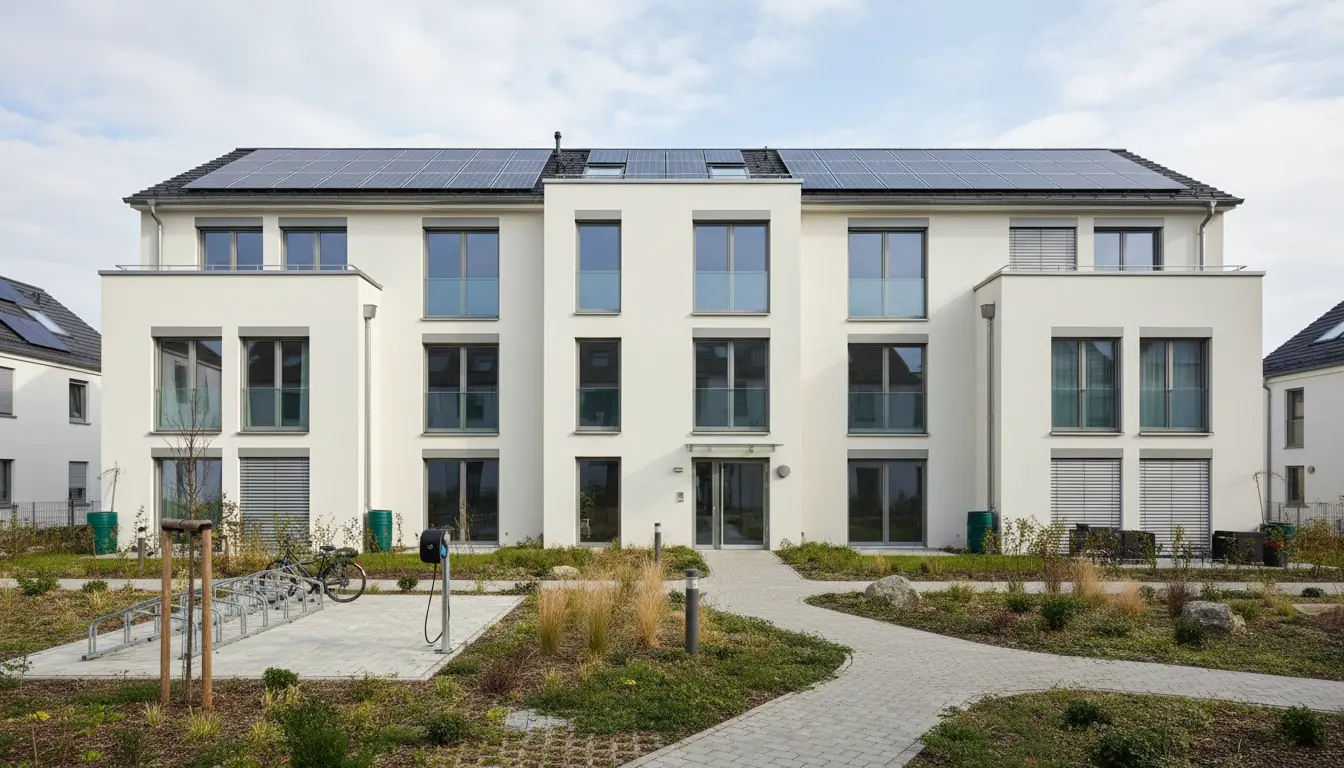 Moderne weiße Wohnanlage mit Solarpanelen und Gartenweg.