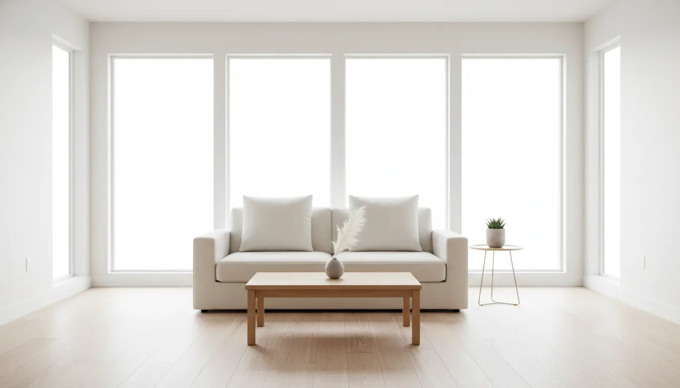 Helles Wohnzimmer mit Sofa, Couchtisch und Fensterfront.