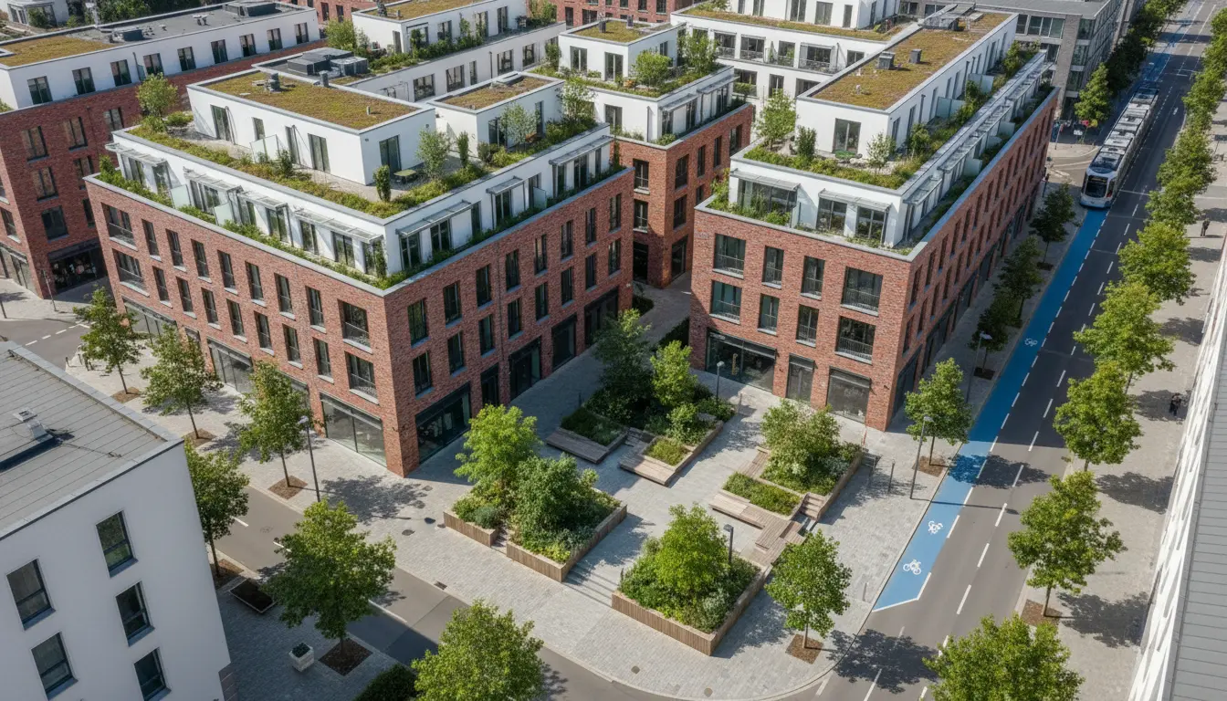 Luftaufnahme einer modernen Backstein-Wohnanlage mit Dachgärten