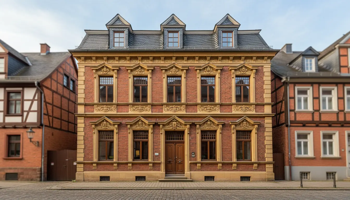 Historisches rotes Backsteingebäude mit ornamentierter Fassade und Dachgauben