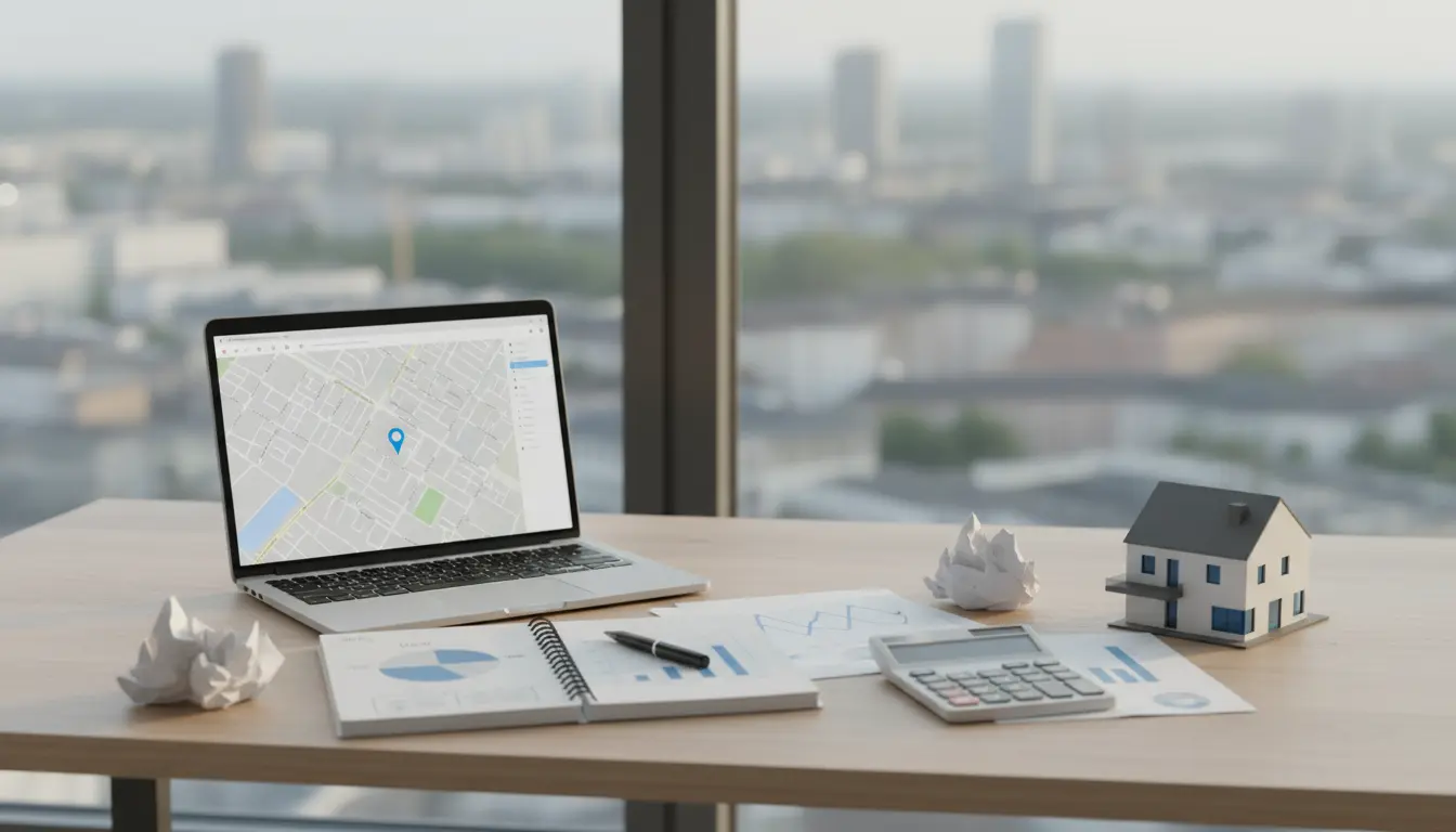 Arbeitsplatz mit Laptop, Kartenanzeige, Diagrammen und Modellhaus.