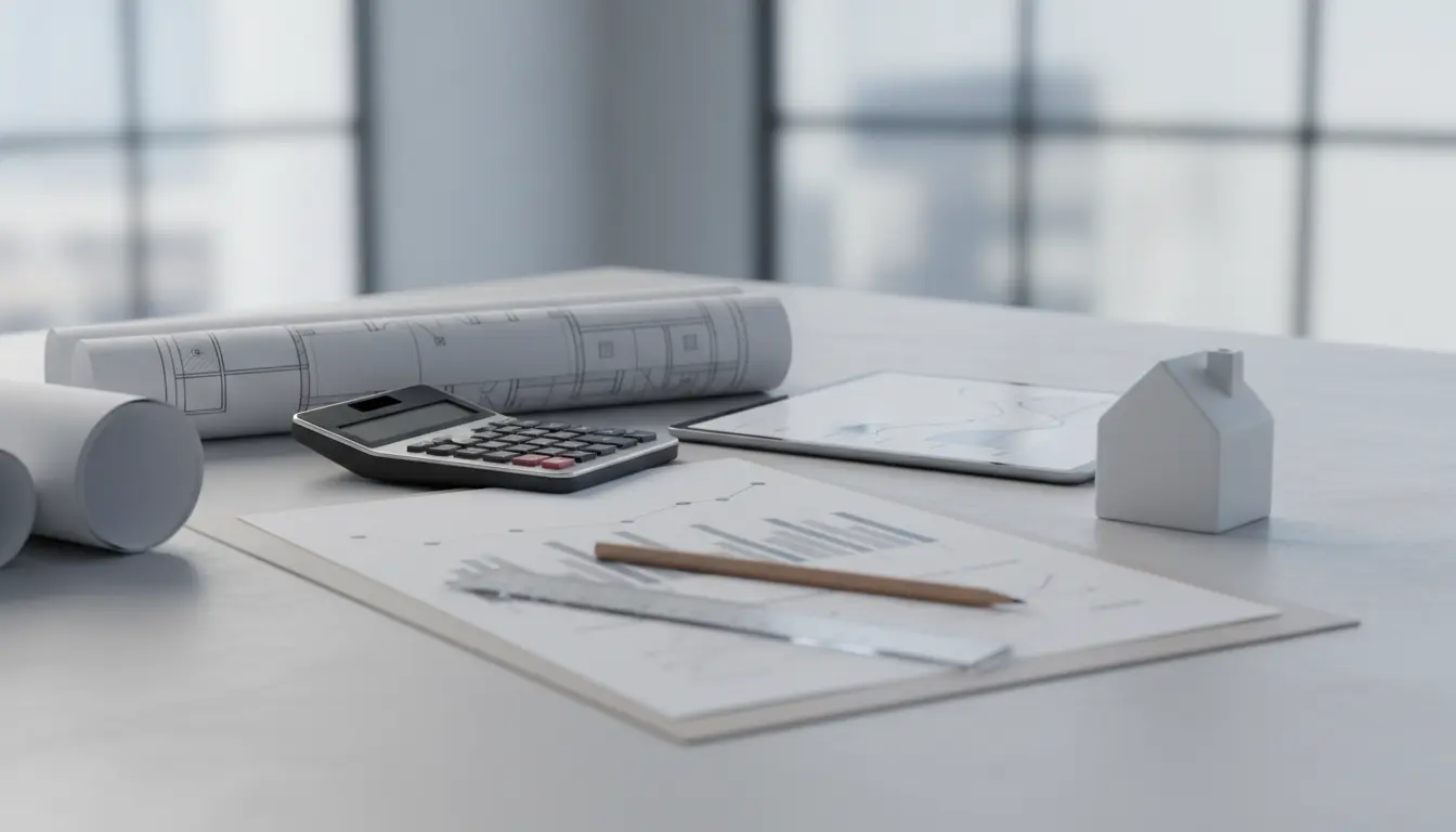 Arbeitsplatz mit Bauplänen, Taschenrechner und Modellhaus.