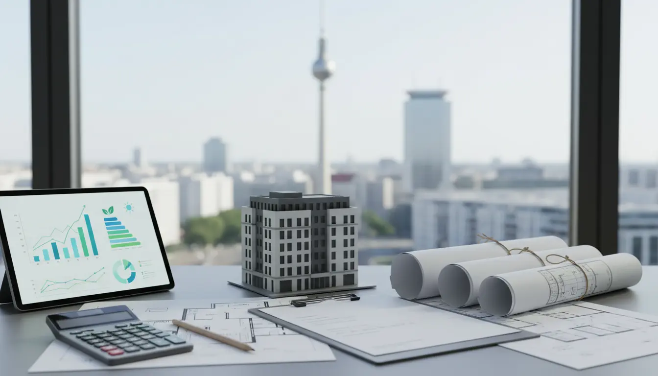 Büroarbeitsplatz mit Baumodell, Plänen und Tablet.