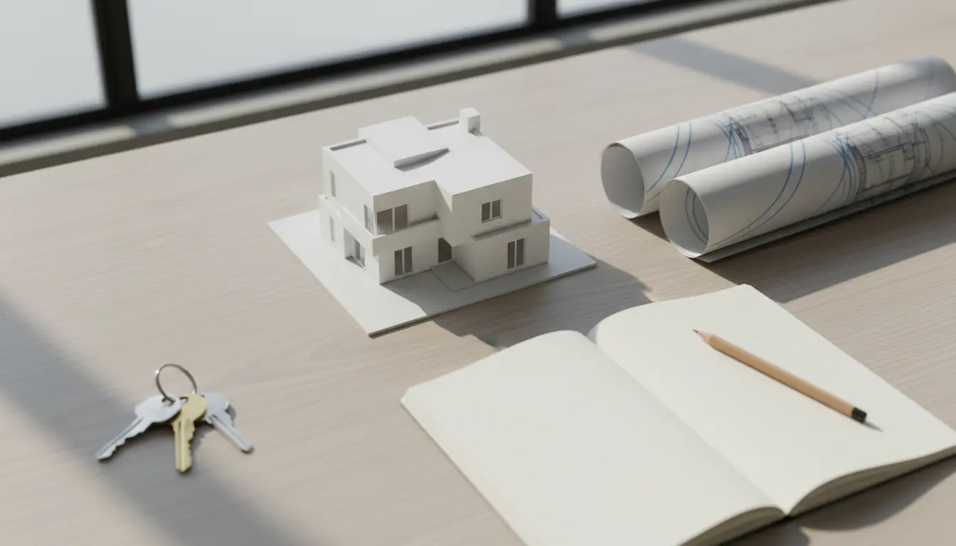 Modellhaus auf Tisch, Baupläne, Schlüssel und Notizbuch