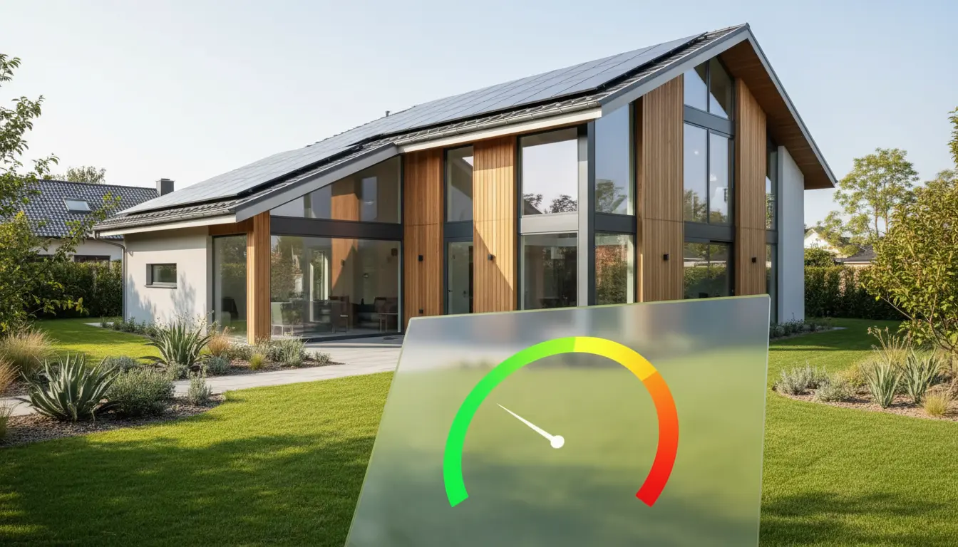 Modernes Haus mit Holzfassade, Solardach und Garten.