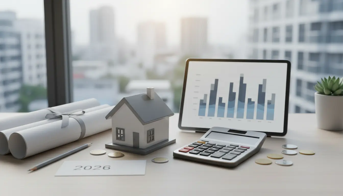 Modellhaus, Baupläne, Münzen und Tablet mit Diagramm