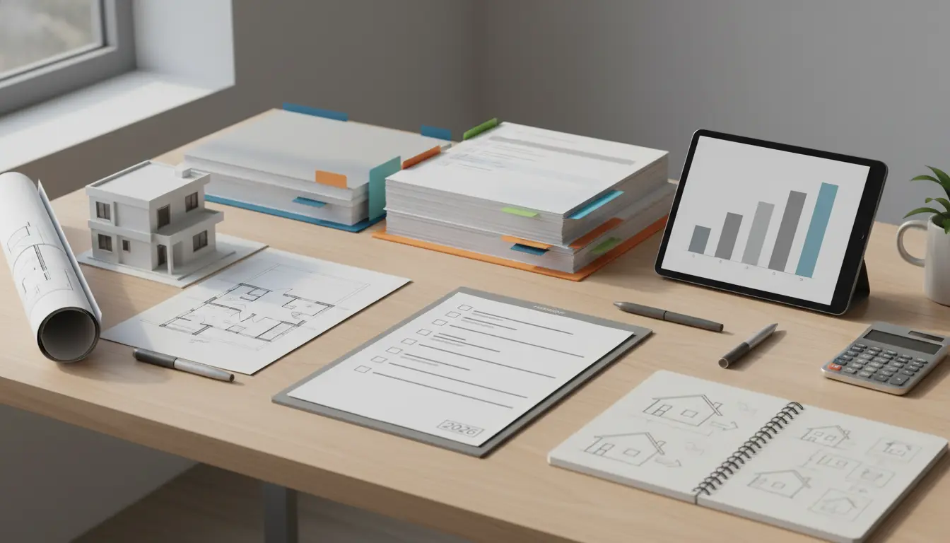 Arbeitsplatz mit Architektenplänen, Modellhaus und Tablet-Grafik.