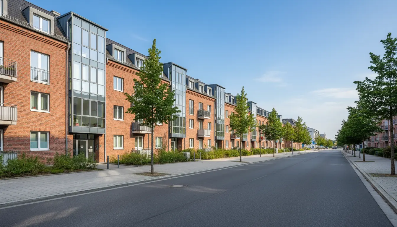 Baumgesäumte Straße mit modernen Backstein-Wohnhäusern.