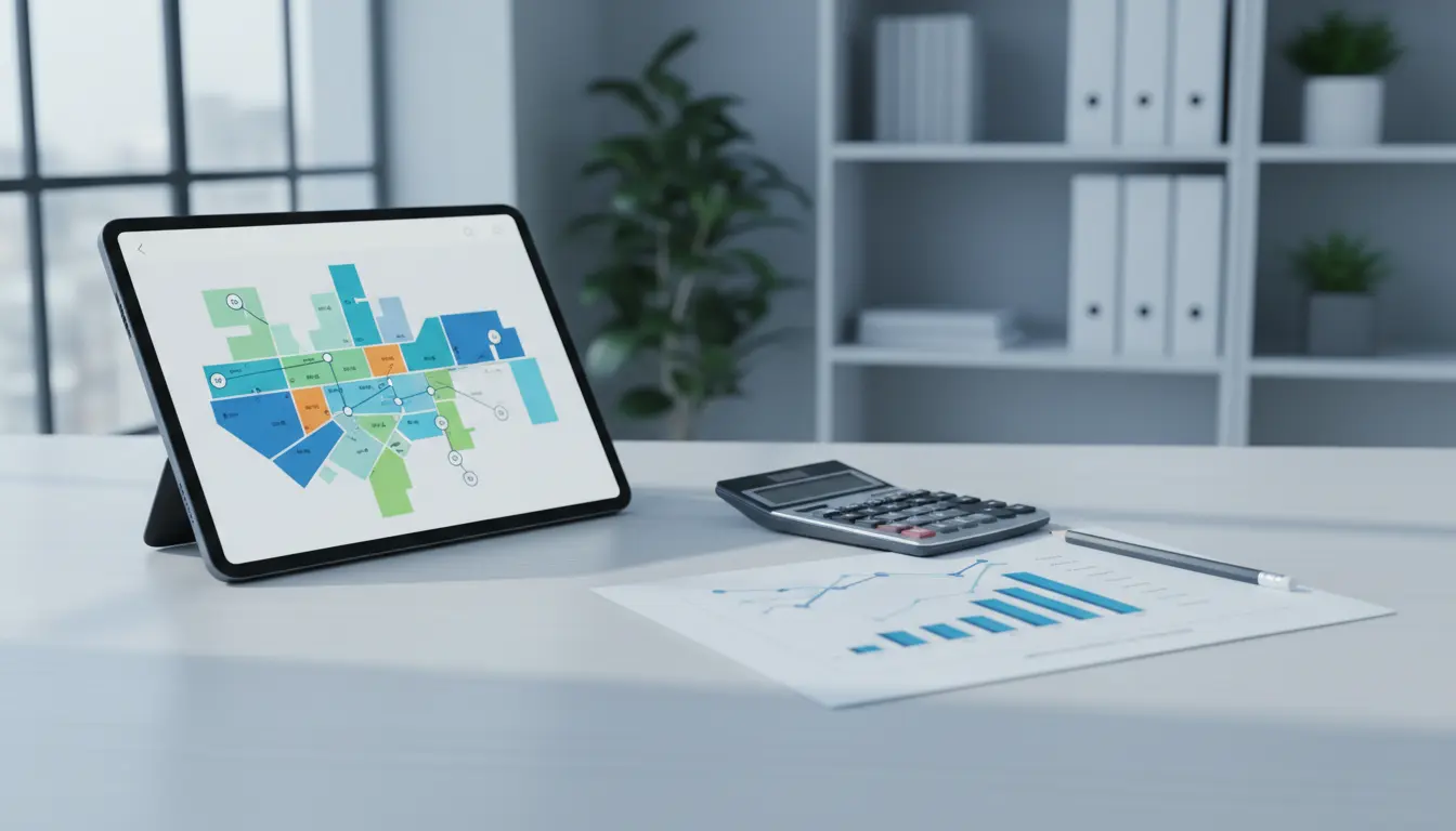 Tablet zeigt Kartenlayout und Diagramme am Schreibtisch.