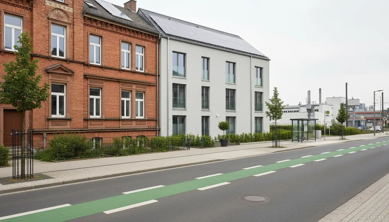 Historische rote Backsteinfassade neben modernem weißen Wohngebäude am Straßenrand.