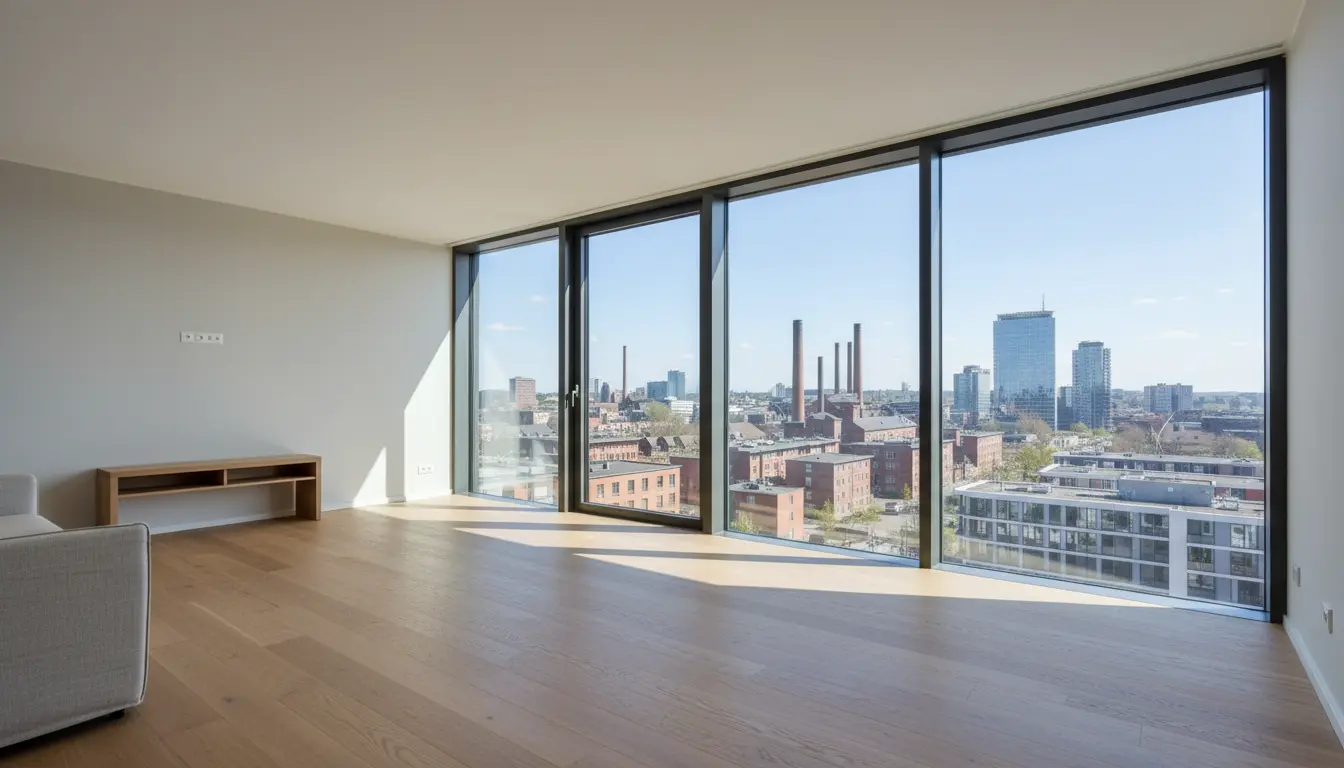 Helles Wohnzimmer mit bodentiefen Fenstern und Stadtblick