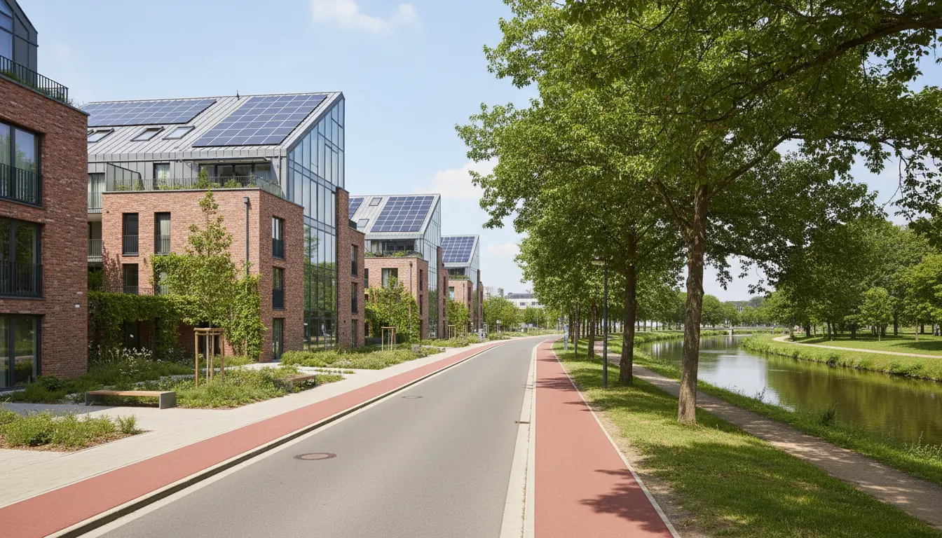 Moderne Mietshäuser aus Backstein mit Solardächern am Kanal.