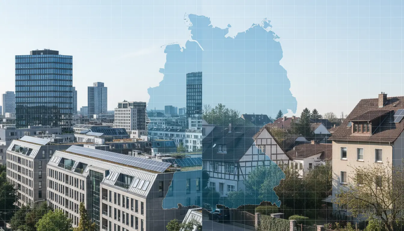 Stadtlandschaft mit blauer Deutschland-Silhouette im Hintergrund