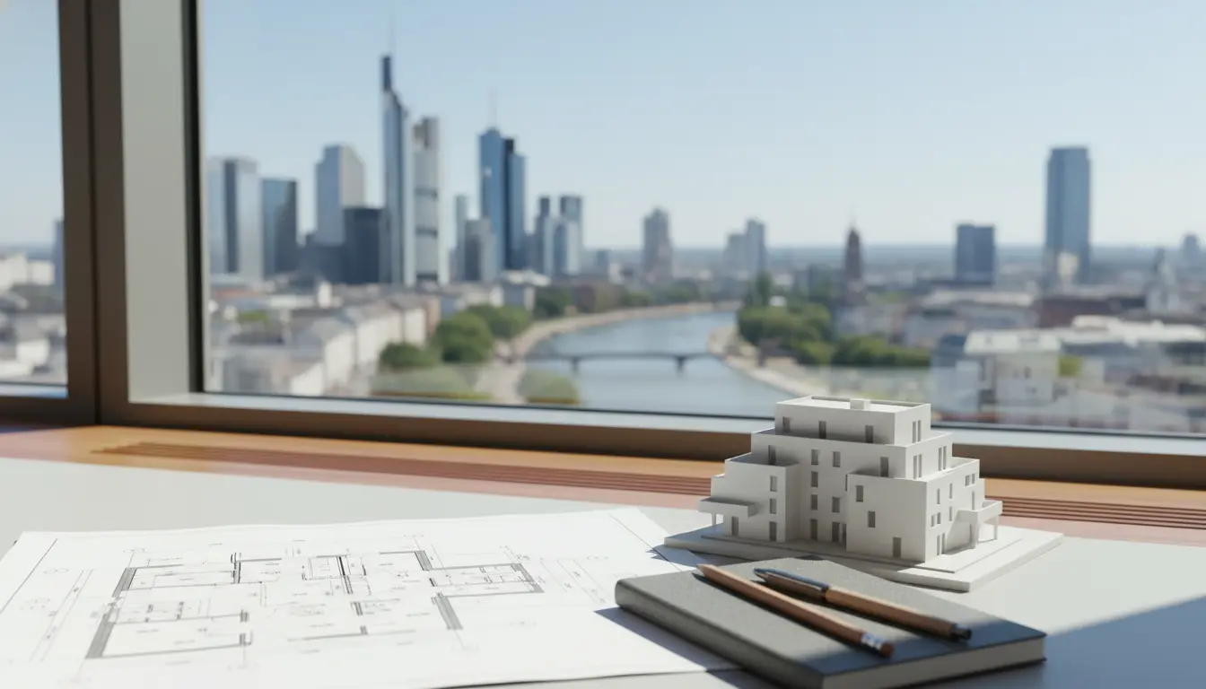 Architekturmodell und Baupläne vor Fenster mit Stadtblick.