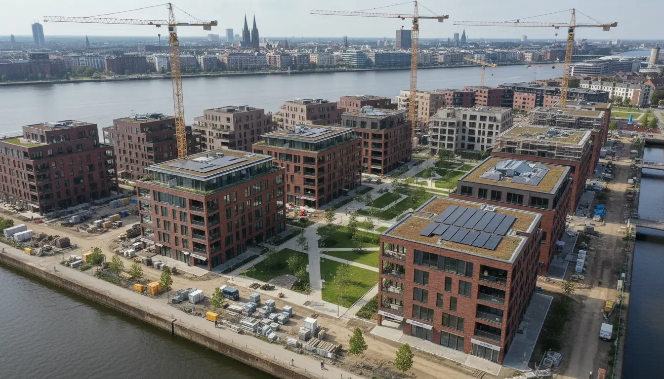 Baustelle am Flussufer mit roten Backsteinbauten und Kränen