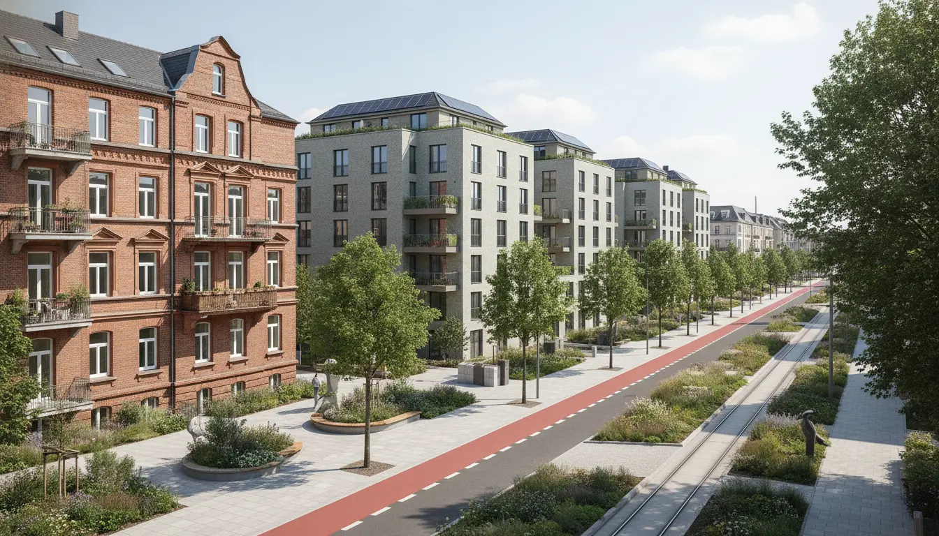 Moderne Wohnhäuser rechts, rote Backsteinfassade links, Baumallee, Tramgleise.