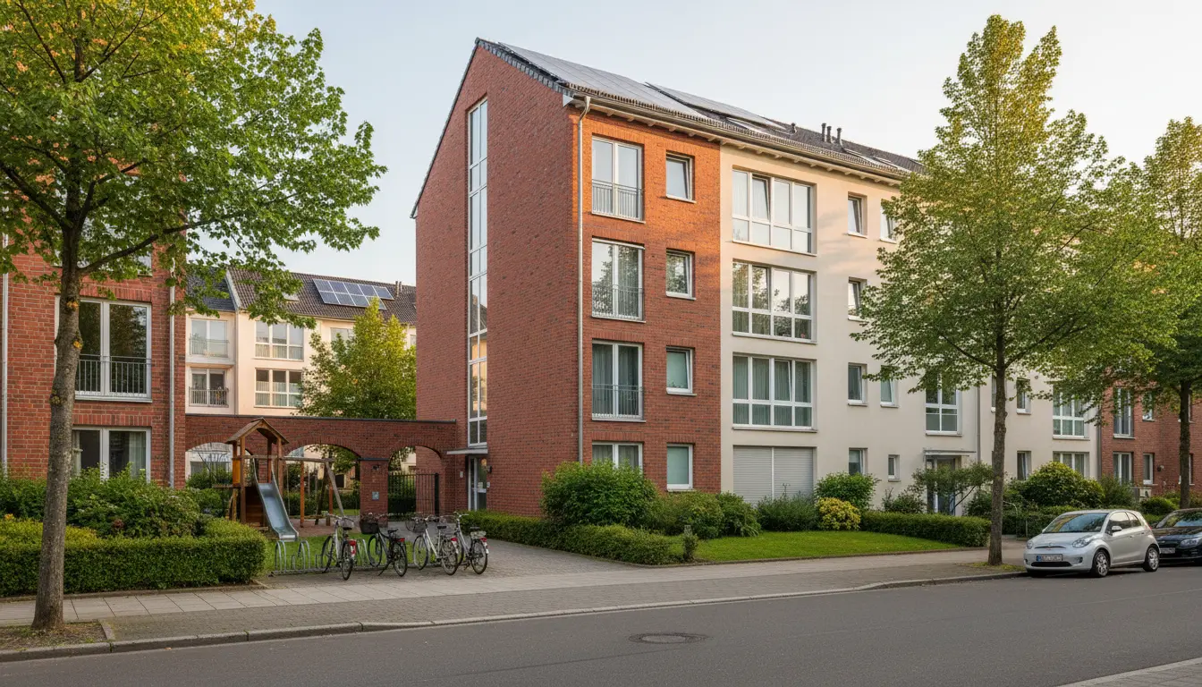 Mehrfamilienhaus-Komplex mit Spielplatz, Bäumen und Fahrrädern.