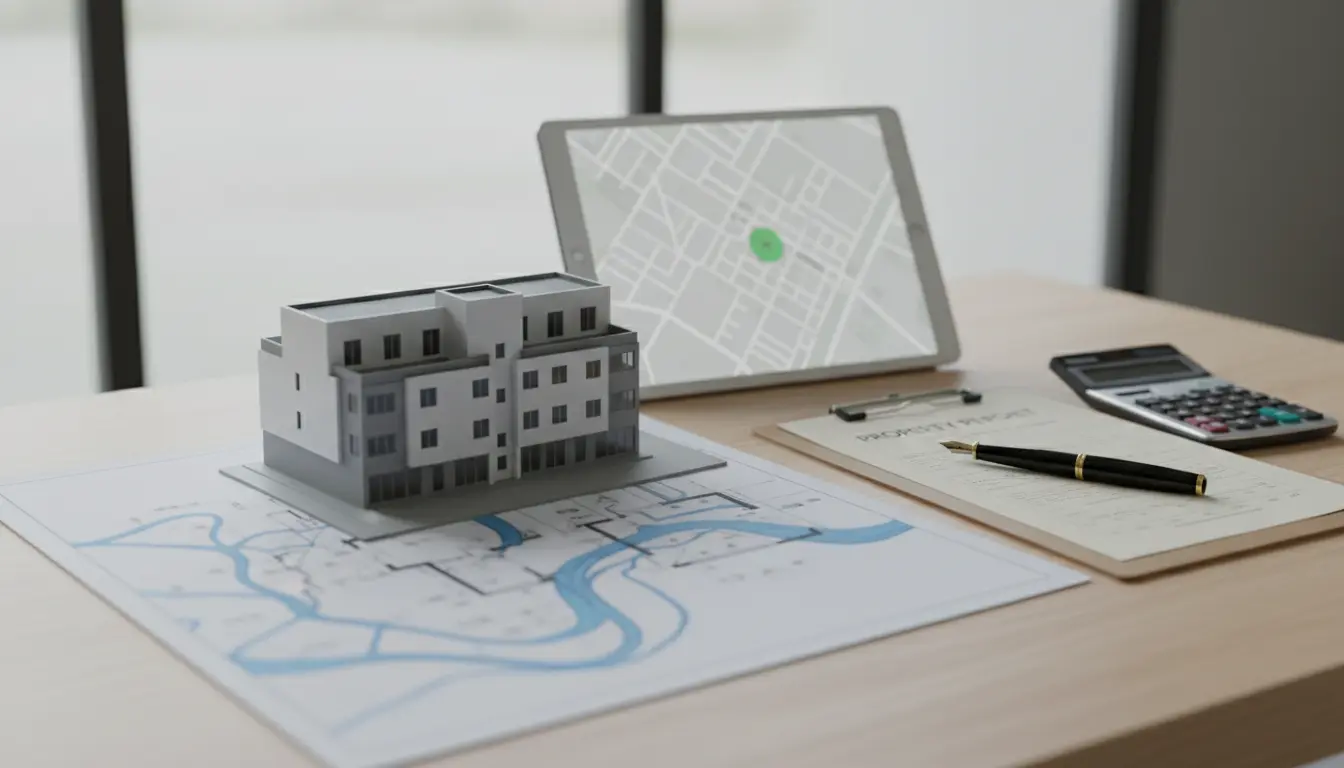 Modellhaus auf Bauplan, Tablet mit Kartenansicht, Stift.