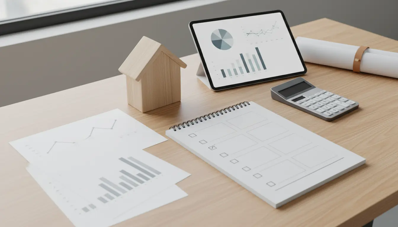 Arbeitsplatz mit Modellhaus, Diagrammen und Taschenrechner