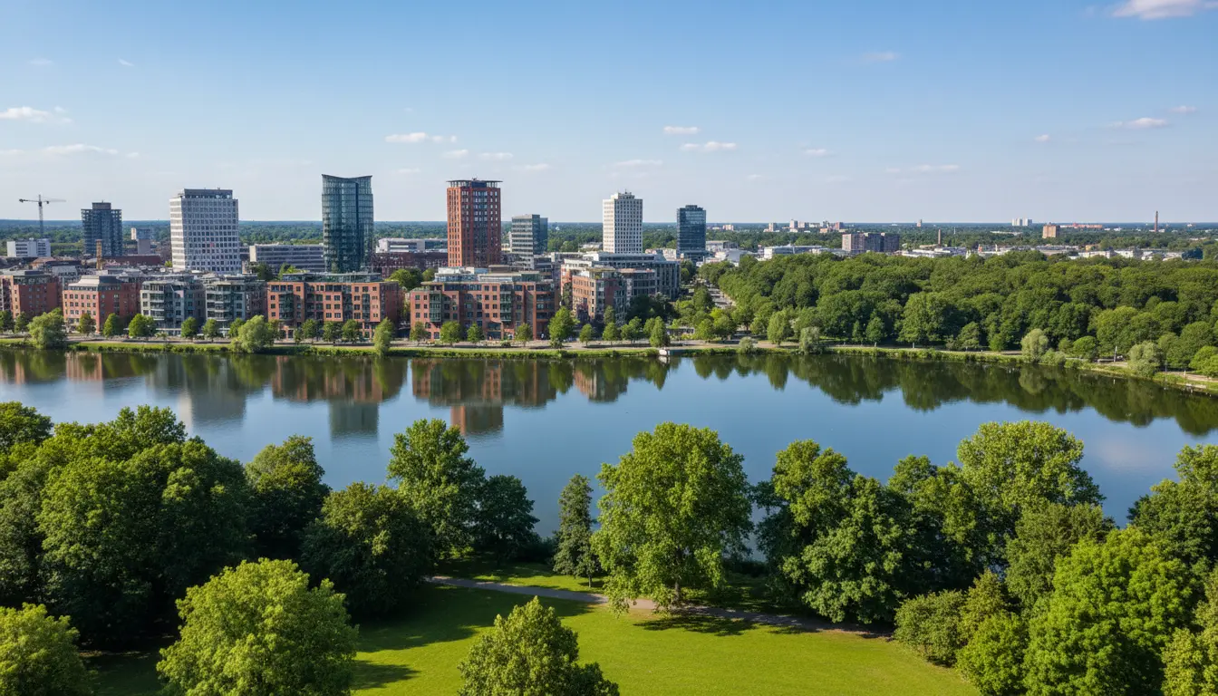 Stadt am Fluss mit Grünflächen und Hochhäusern.